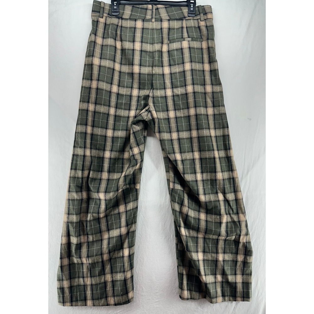Zara Women Green Plaid Wide Leg High Rise Pleated Trousers Size L Pants - Picture 3 of 14